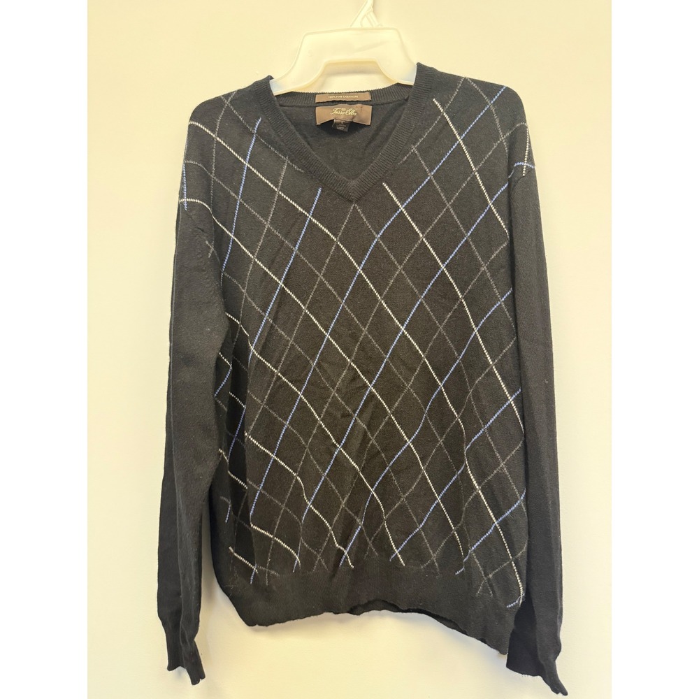Tasso Elba Mens Black Argyle 100% Fine Cashmere V-Neck Sweater Size Large L